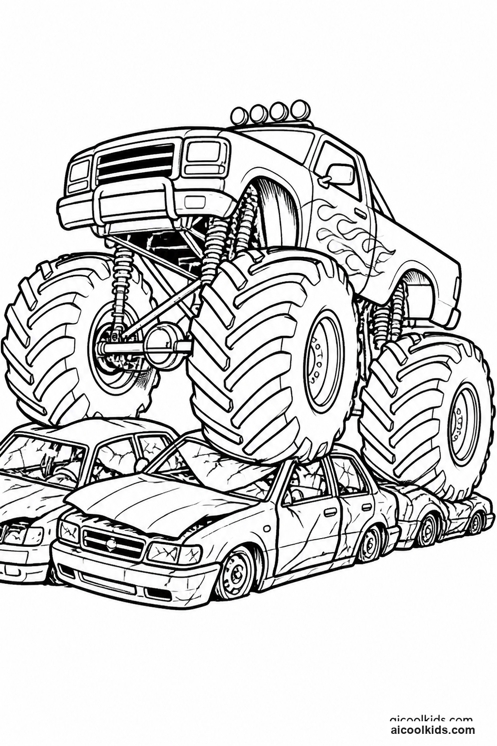 Monster Truck Crushing Row of Scrap Cars free printable activity sheet