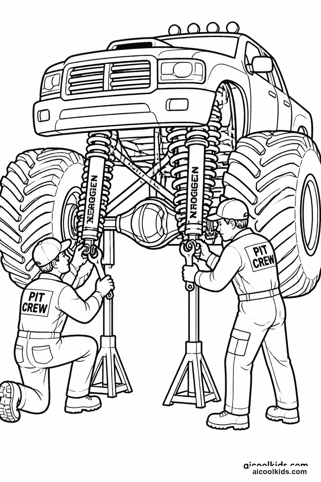 Pit Crew Mechanics Working on Monster Truck free printable activity sheet