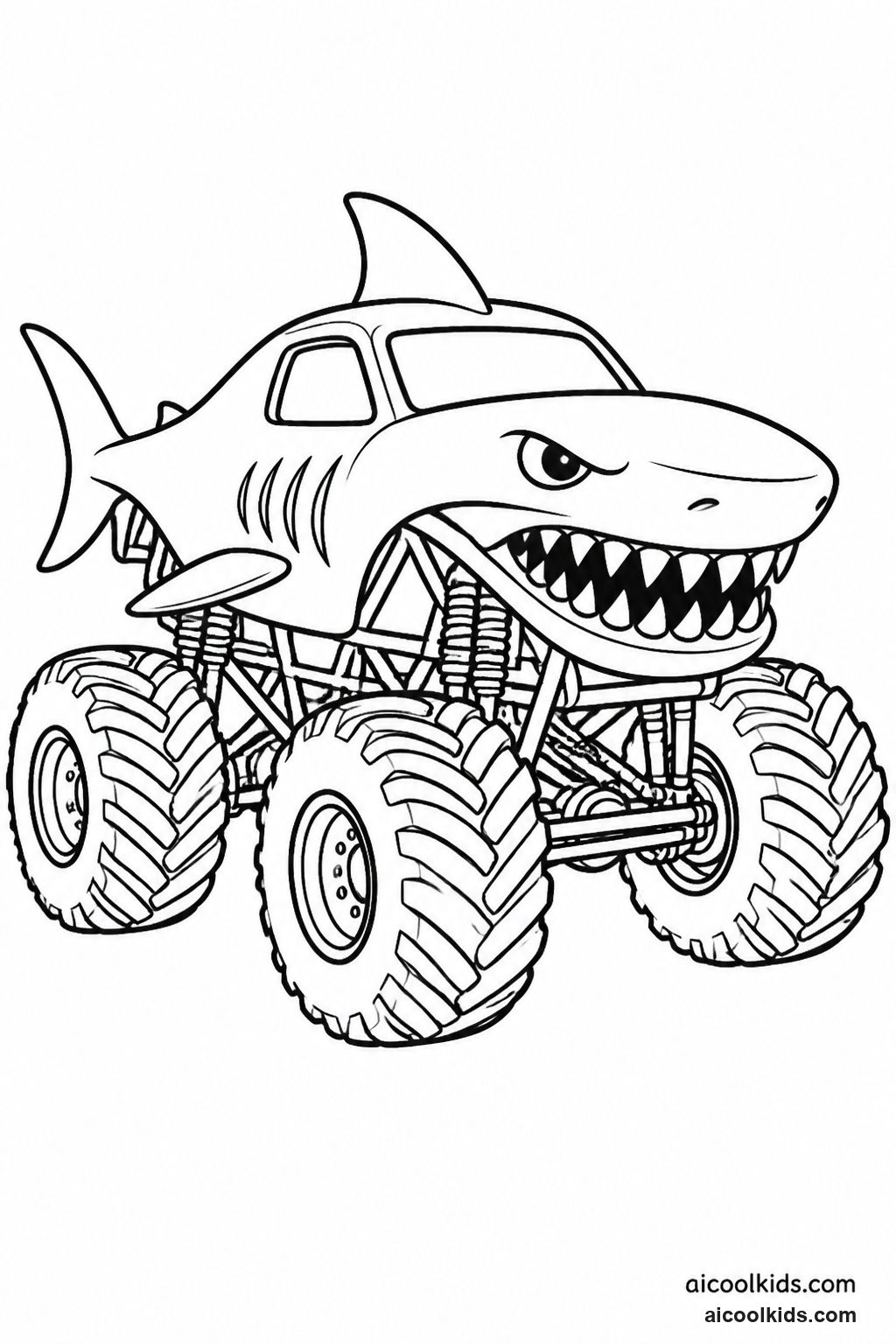Shark-Bodied Monster Truck with Fin and Teeth free printable activity sheet