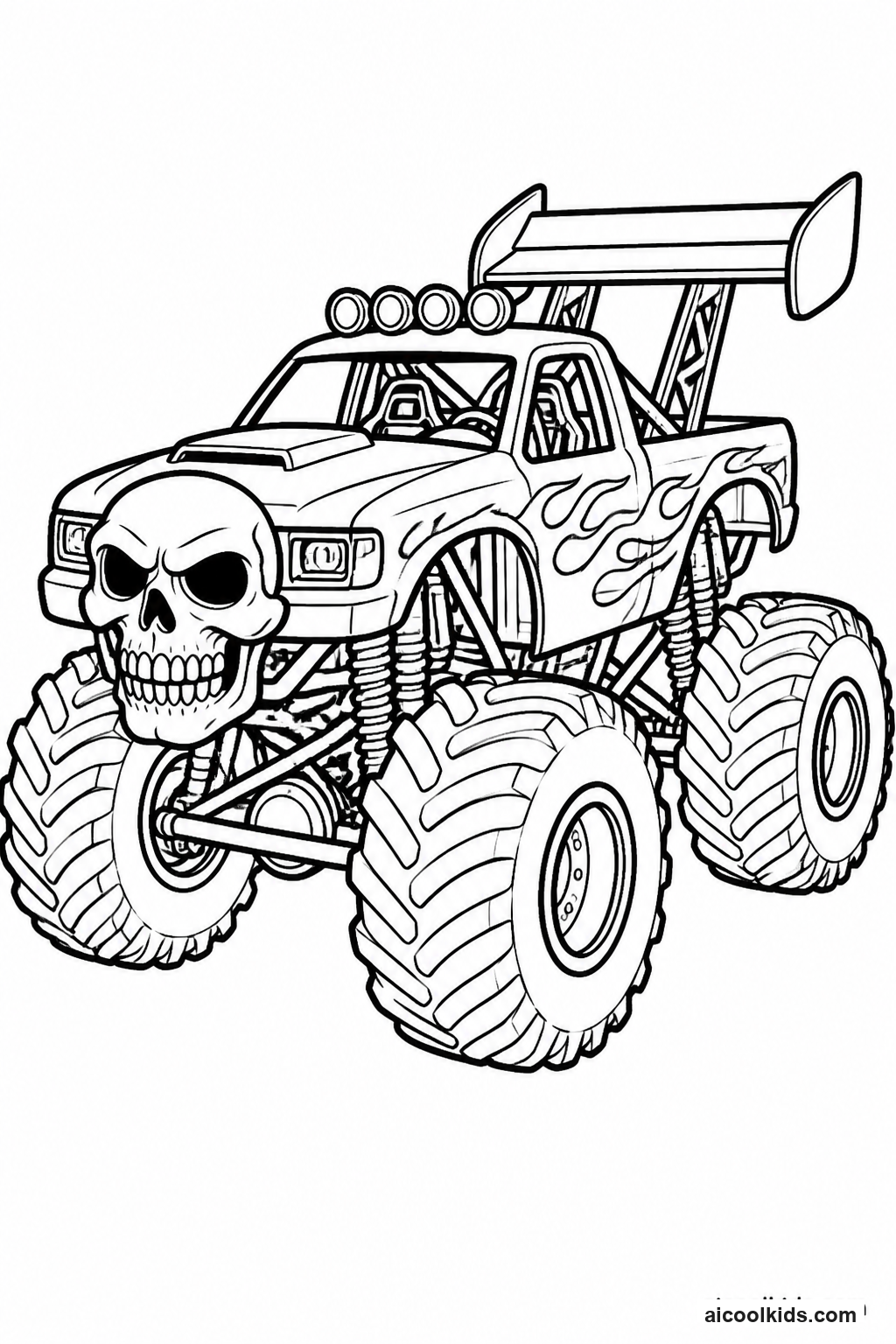 Skull Themed Monster Truck with Big Spoiler free printable activity sheet