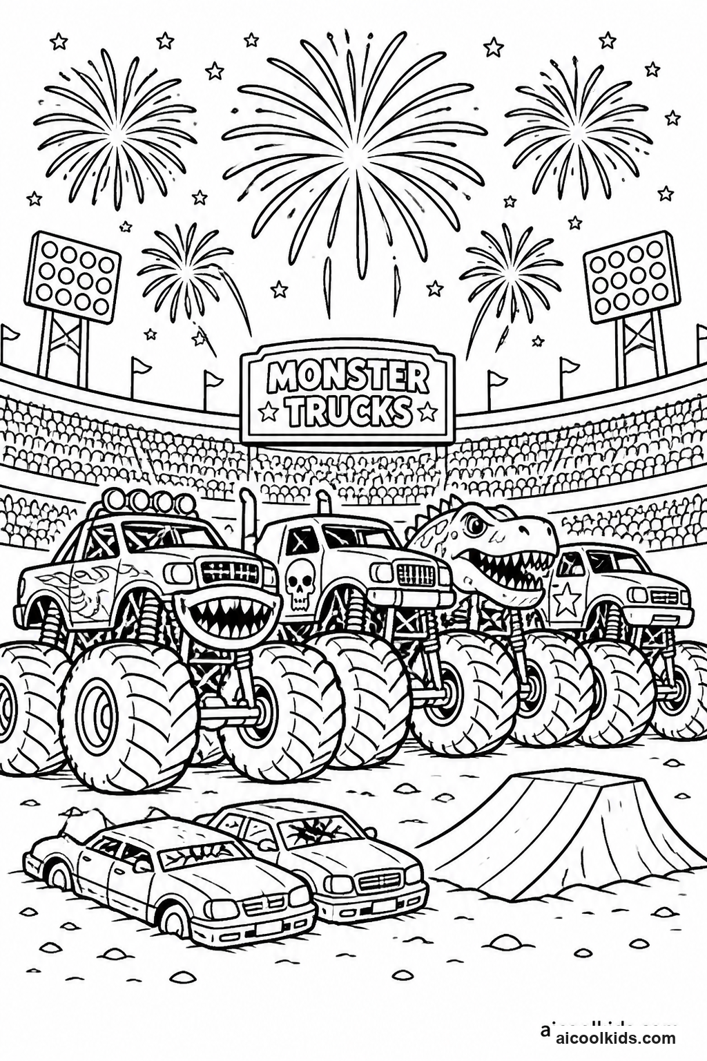 Fireworks Display Over Monster Truck Lineup free printable activity sheet