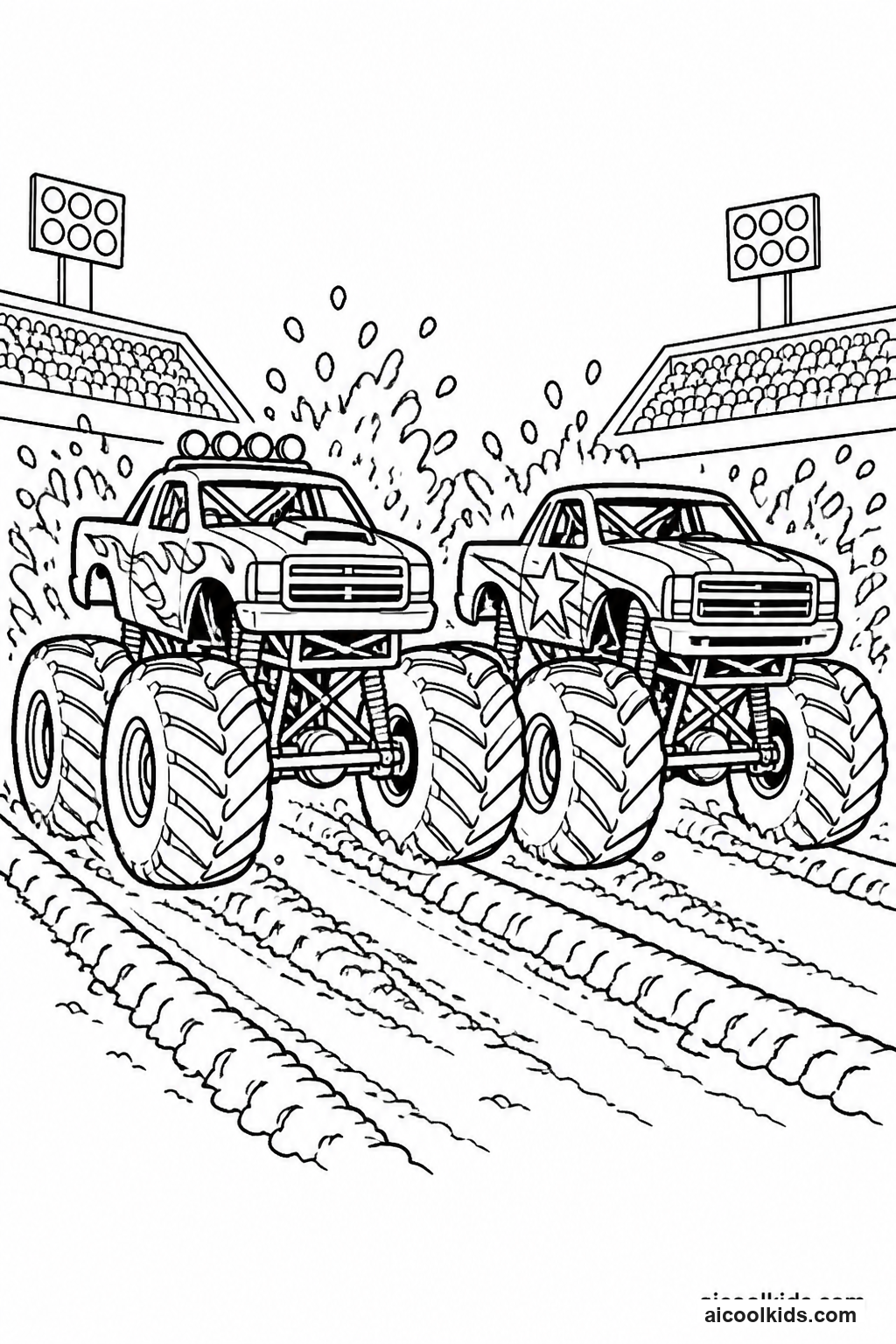 Twin Monster Trucks Drag Racing in Mud free printable activity sheet