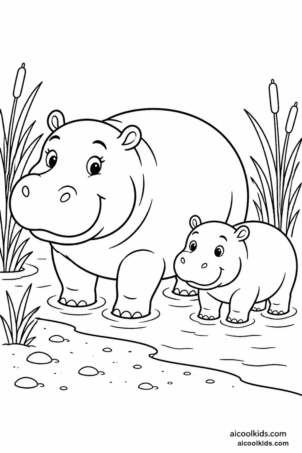 Hippopotamus Mother and Calf Wading in River free printable activity sheet