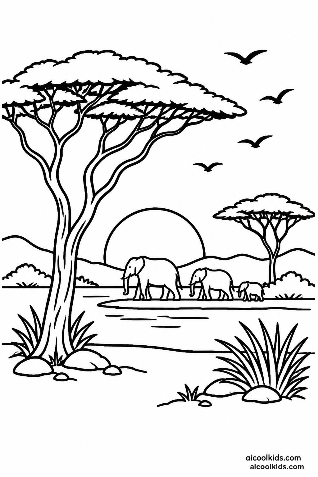 Safari Sunset Panorama with Umbrella Acacia Trees free printable activity sheet
