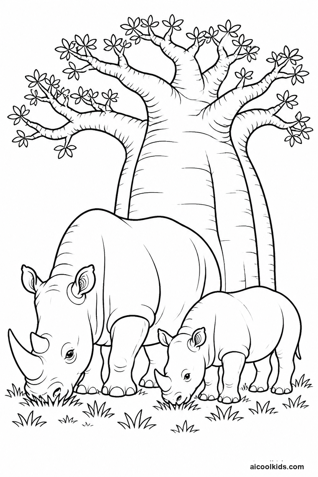 Two White Rhinos Grazing Near Baobab Tree free printable activity sheet