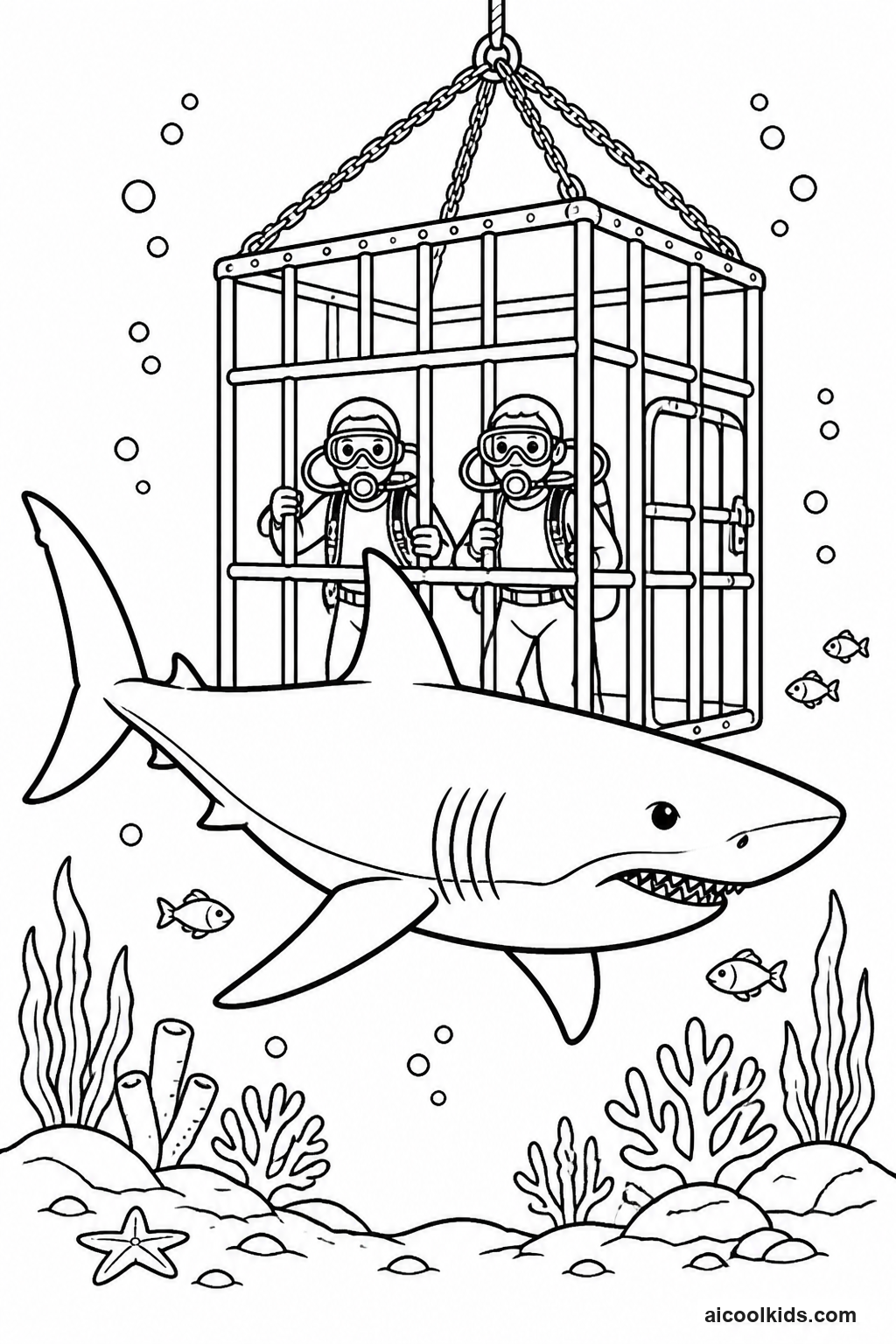 Underwater Shark Cage with Divers and Great White free printable activity sheet