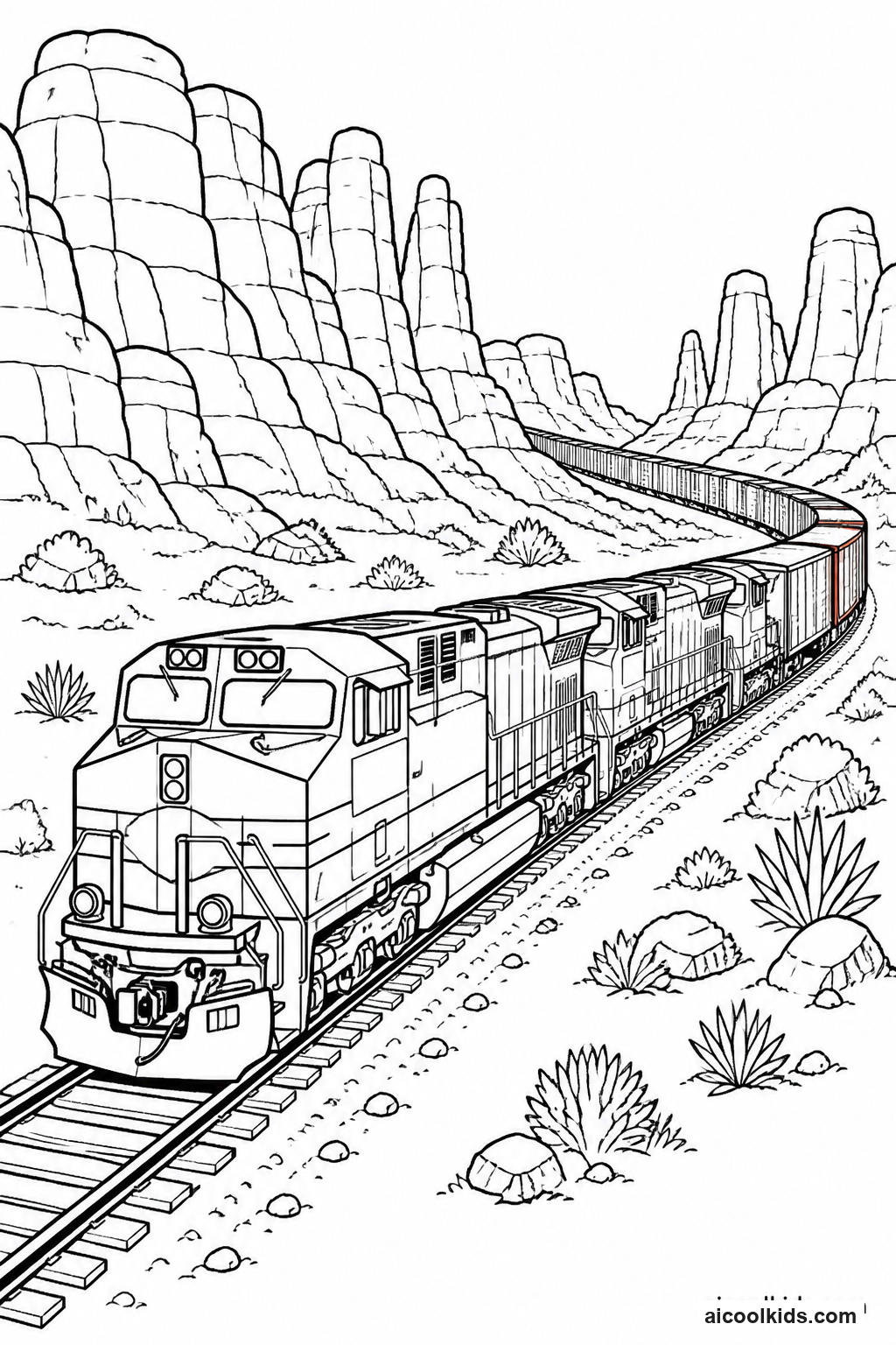 Heavy Diesel Freight Train in Desert Canyon free printable activity sheet