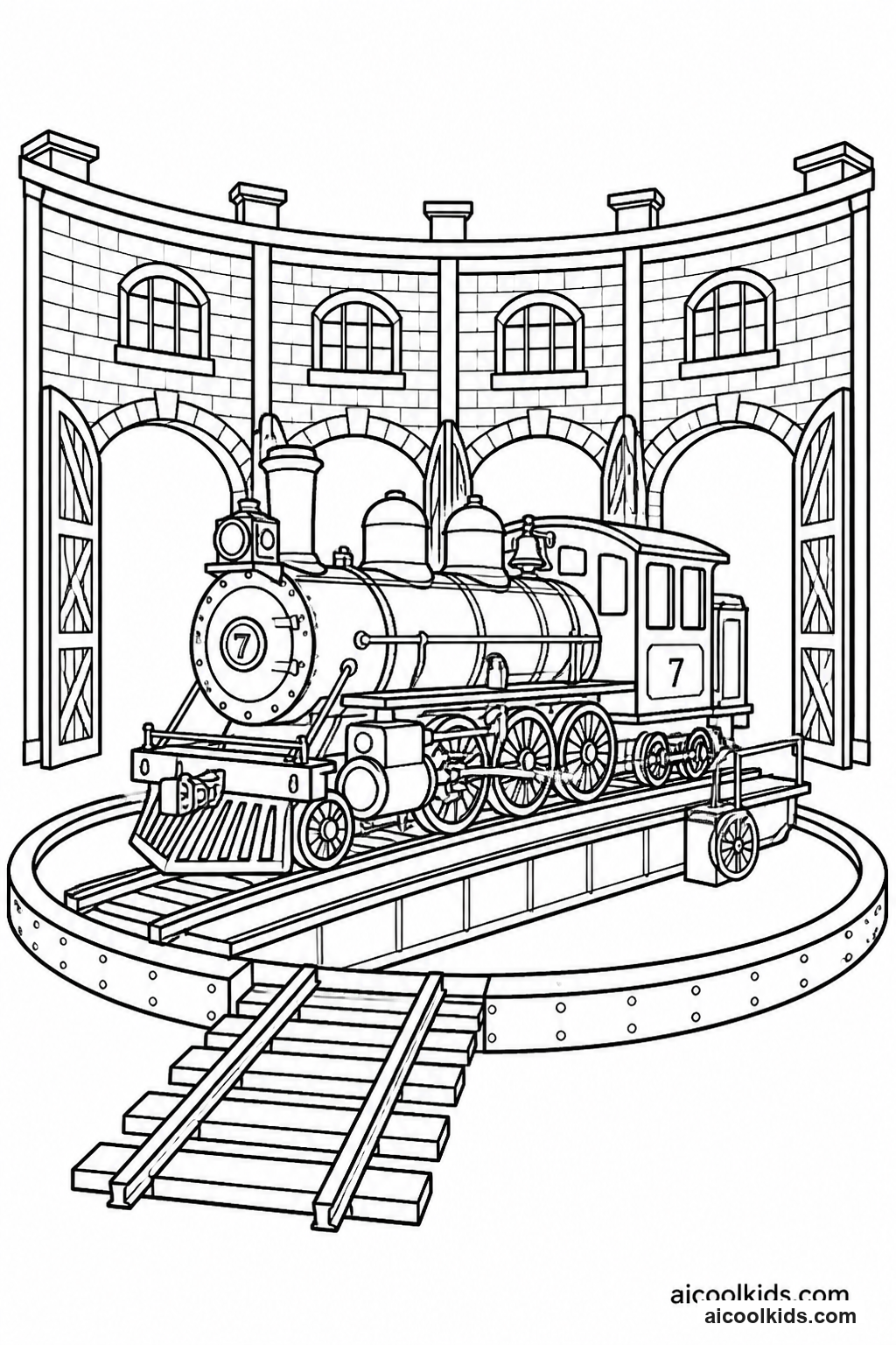 Locomotive Turntable in Train Roundhouse free printable activity sheet