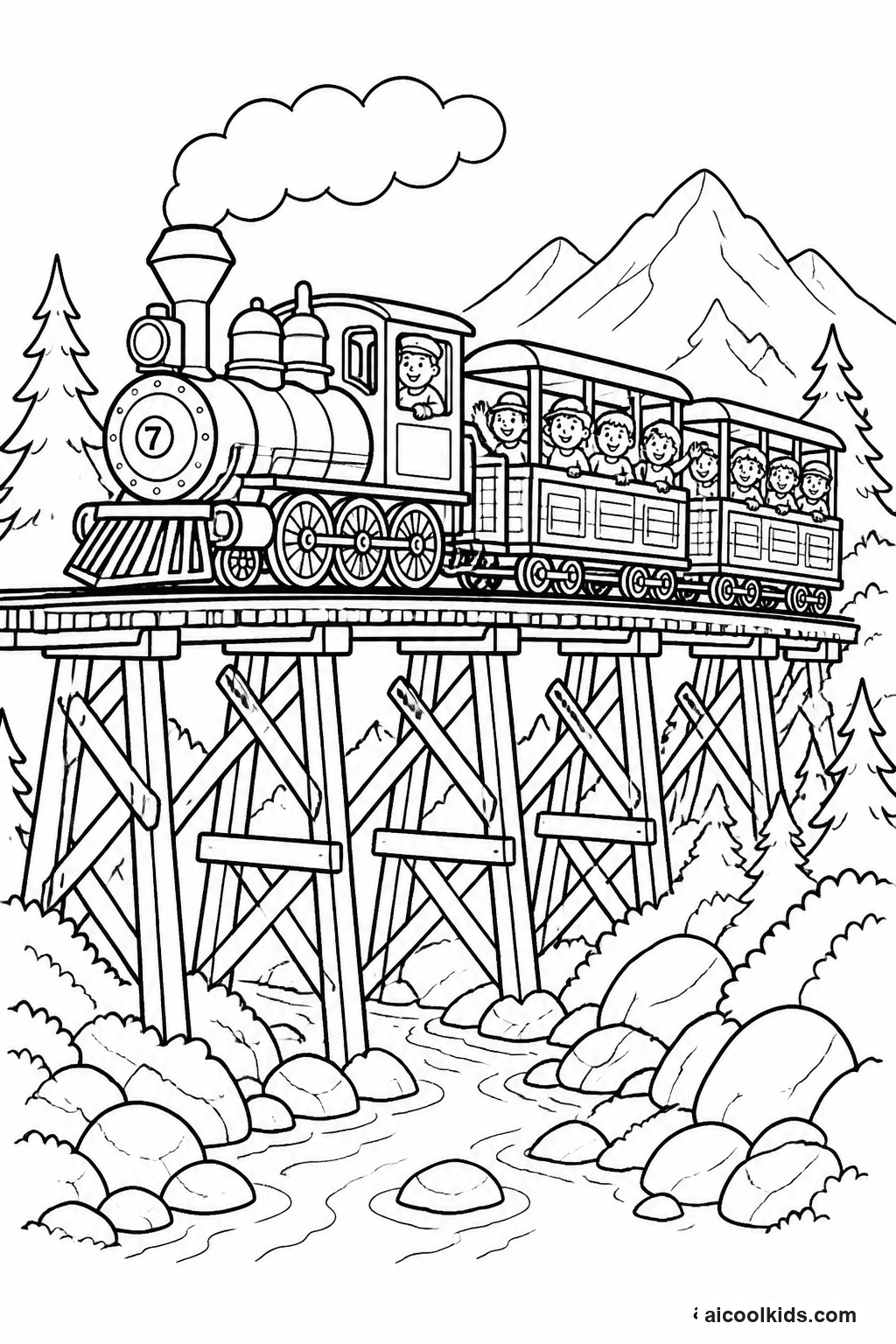Narrow Gauge Steam Train on Wooden Trestle free printable activity sheet