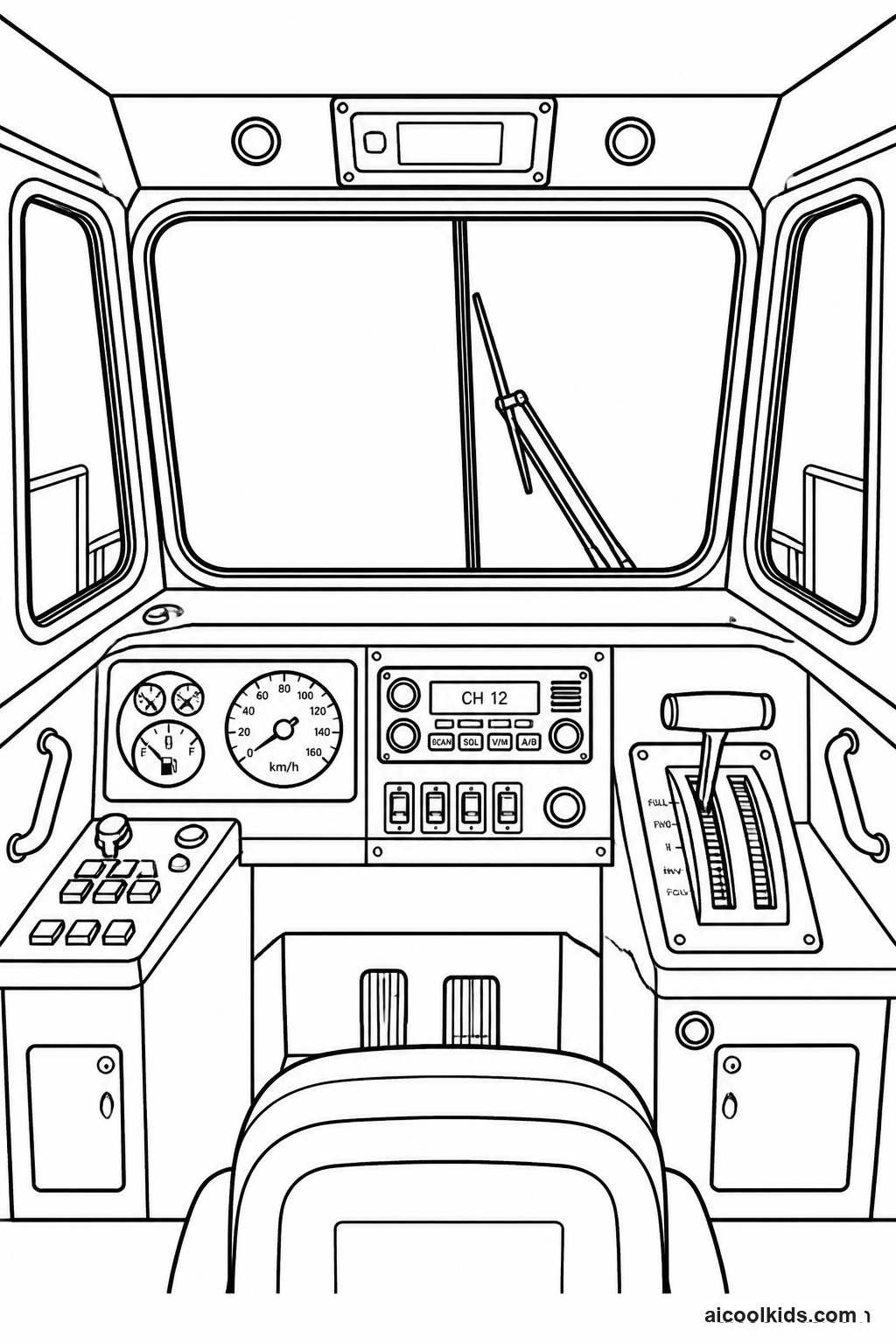 Train Engine Cab Interior with Throttle and Gauges free printable activity sheet